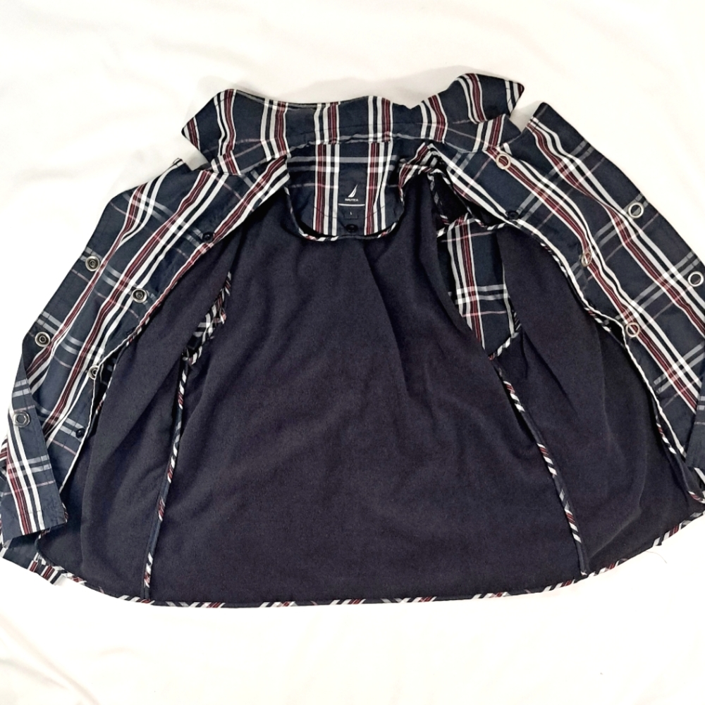 Nautica Double Breasted Blue Plaid Pea Coat Belted Pockets Fleece Lining Large - Picture 5 of 17